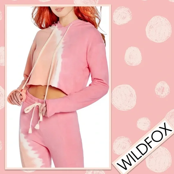 WILDFOX Ivy Sherbet Wash Tie Dye Crop Cotton Hoodie in Sherbet Wash (Peach Pink) - Picture 2 of 11